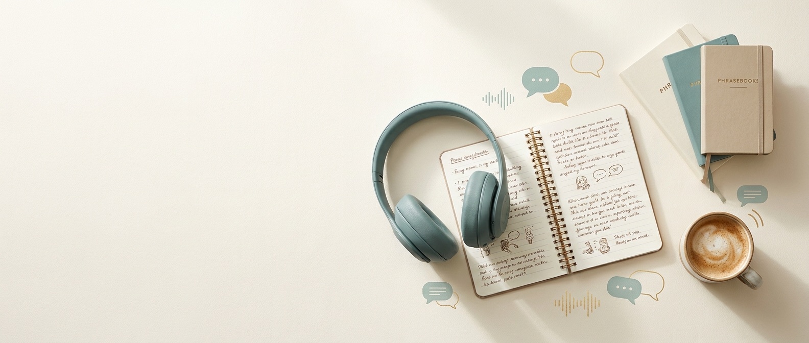 Headphones resting on an open language notebook beside phrasebooks and a coffee, with speech-bubble and soundwave motifs