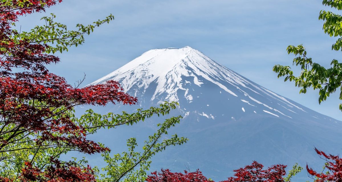 Mount Fuji with autumn maple leaves